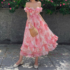Vintage Ruffle Floral Print Maxi Dress
