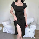 Ribbed Short Sleeve Slit Maxi Dress