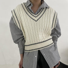 V Neck Stitched Cable Knit Sweater Vest