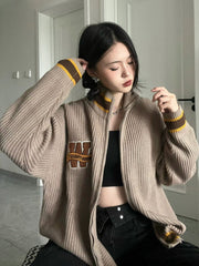 Logo Embroidery Zip Up Knit Cardigan