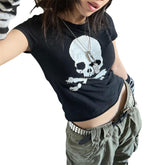 Skull Print Short Sleeve Y2K Crop Top