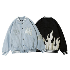 Oversized Pu Leather Flame Varsity Jacket