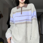 Half Zip Striped Fuzzy Oversized Sweater