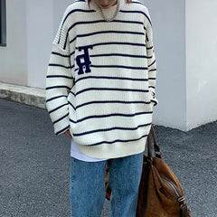 Striped Letter Embroidery Print Pullover Sweater