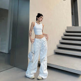 White Big Pocket Splice Mopping Cargo Boyfriend Jeans