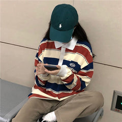 Polo Collar Stiped Oversized Long Sleeve Tee