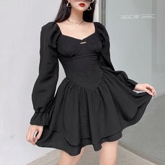 Temperament Square Neck Puff Long Sleeve Double Short Skirt Dress