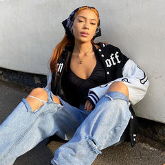 Letter Print Black And White Jacket