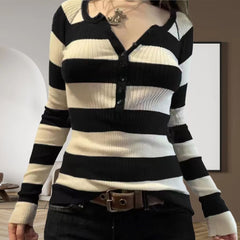 Striped Button Up Ribbed Knit Top