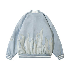 Oversized Pu Leather Flame Varsity Jacket