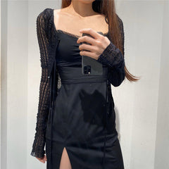 Square collar lace satin split dress