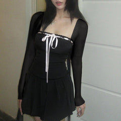 Mesh Splice Bow Decor Trumpet Sleeve Mini Dress