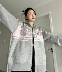 Rabbit Print Oversized Zip Up Cardigan