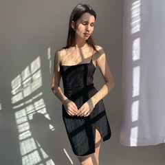 Sling One Shoulder Solid Color Slim Fit Slit Leg Show Long Dress