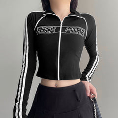 Contrast Color Letter Print Long Sleeve Crop Top