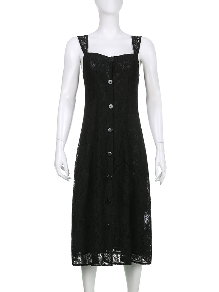 Lace Button Front Black Maxi Dress