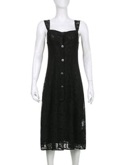 Lace Button Front Black Maxi Dress