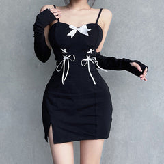 Strap Slit Slim Fit Sleeve Dress
