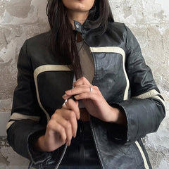 Contrast Color Piping Detail Collar Neck Leather Jacket