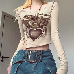 Winged Heart Rib Long Sleeve Crop Top
