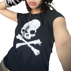 Skull Print Short Sleeve Y2K Crop Top