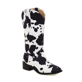 Vintage Cow Print Block Heel Rider Boots