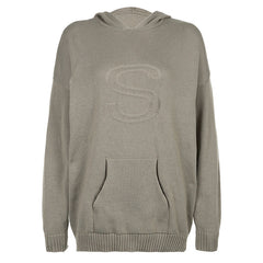 Letter Jacquard Hooded Baggy Knit Sweater
