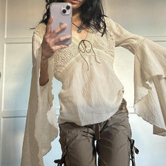 Tribal Cutout V Neck Lacing Flared Long Sleeve Blouse