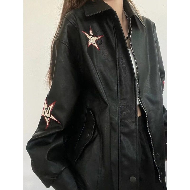 Vintage Embroidered Star Pu Leather Jacket
