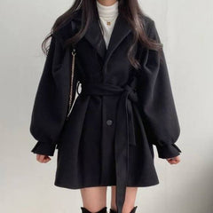 Puff Sleeve Belted Woolen Coat