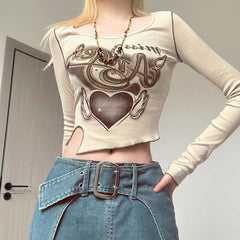 Winged Heart Rib Long Sleeve Crop Top