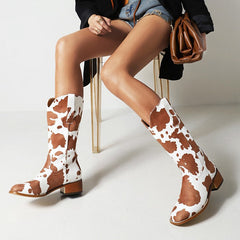 Vintage Cow Print Block Heel Rider Boots