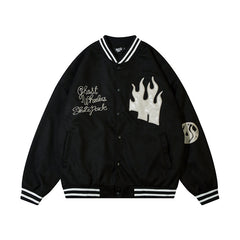 Oversized Pu Leather Flame Varsity Jacket