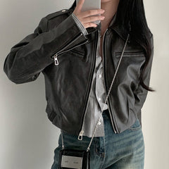 Zip Up Lapel Neck Leather Short Jacket