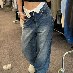 Patchwork Waist High Rise Boyfriend Jeans
