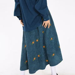 Embroidery Daisy Corduroy Maxi Skirt