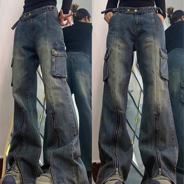Zip Up Cargo Pocket Straight Leg Washed Jeans
