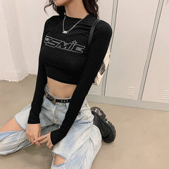 Rhinestone Letter Long Sleeve Crop Top