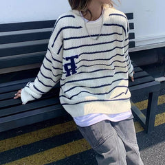 Striped Letter Embroidery Print Pullover Sweater