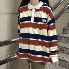Polo Collar Stiped Oversized Long Sleeve Tee