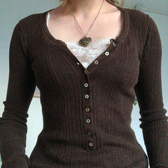 Lace Paneled Button Long Sleeve Knit Top