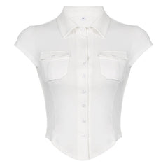Pocket Button Down Cropped Blouse