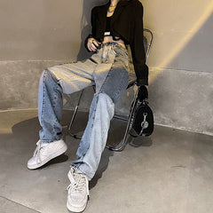 Harajuku Style Retro Colorblock High Waist Jeans