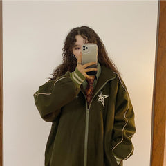 Vintage Embroidery Star Zip Up Oversized Jacket