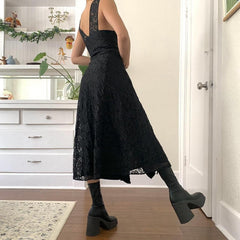 Lace Button Front Black Maxi Dress