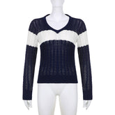 V Neck Striped Cable Knit Downtown 90s Top