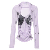 Lavender Contrasting Mesh Long Sleeve Top