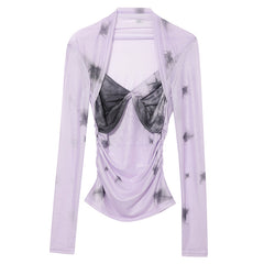 Lavender Contrasting Mesh Long Sleeve Top