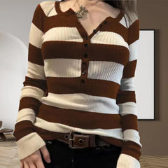 Striped Button Up Ribbed Knit Top