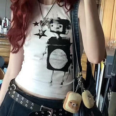 Pixel Robot Star White Cropped Tank Top